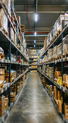 Warehouse aisle with shelves stocked with boxes.