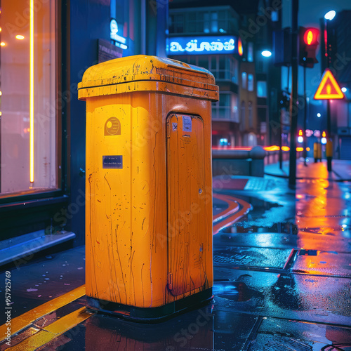 Wallpaper Mural A yellow deposit bin, cool and modern looking, outside a club at night. Generative AI. Torontodigital.ca