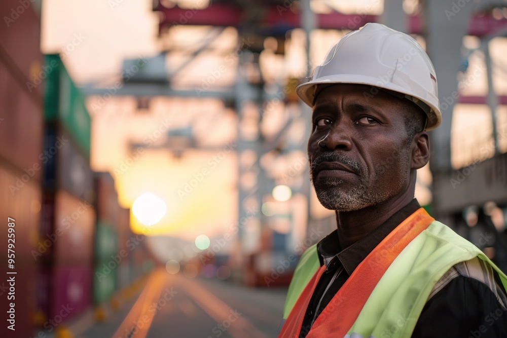 Serious engineer at sunset in industrial area Serious engineer at sunset in industrial area
