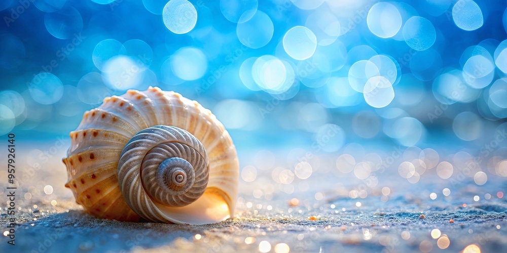 Close-up of an intricately designed sea shell against a soft blue bokeh background Close-up of an intricately designed sea shell against a soft blue bokeh background