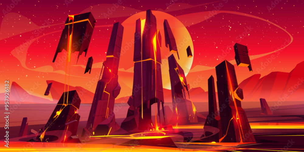 Red alien planet surface with rock cliff mountains and flowing hot ...