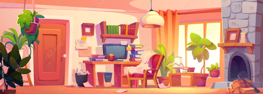 Mess in student's room with fireplace. Vector cartoon illustration of home office workplace with plants, book stacks and folders near desktop computer, papers on floor, room with workspace by window Mess in student's room with fireplace. Vector cartoon illustration of home office workplace with plants, book stacks and folders near desktop computer, papers on floor, room with workspace by window