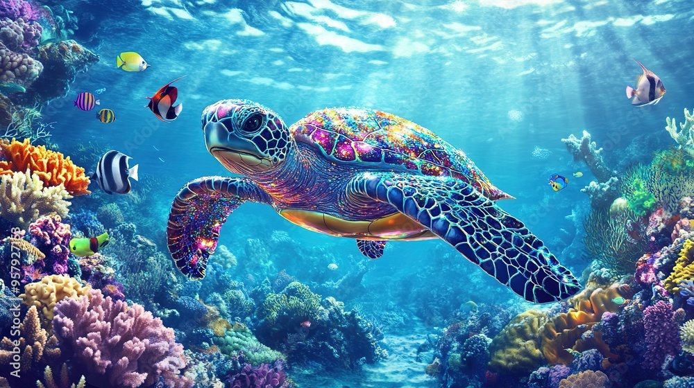 Fototapeta premium Hyperrealistic Sea Turtle Crafted from Iridescent Glass and Glitters, Swimming in a Vivid Ocean with Clownfish and Coral in the Background.