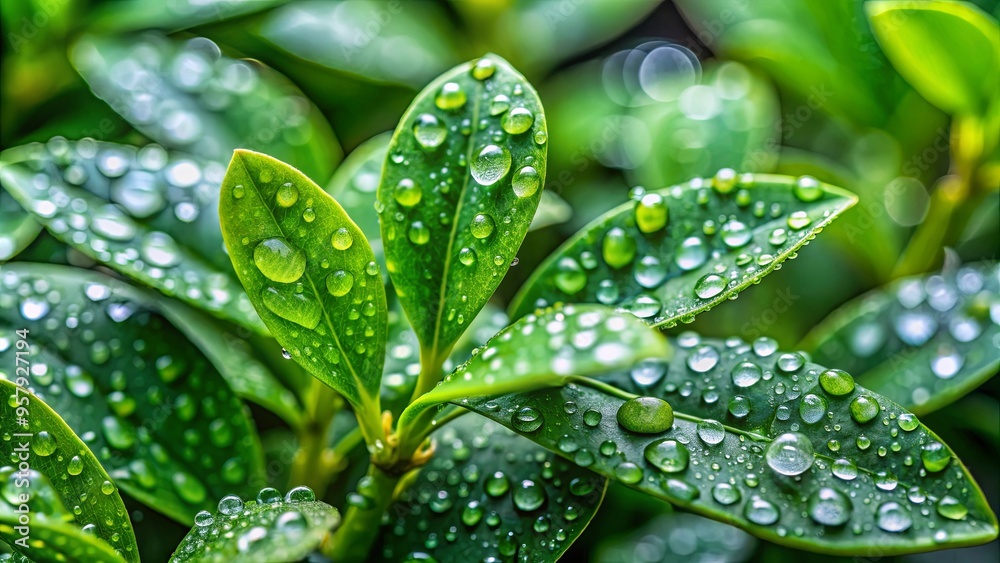 Close-up of a plant with water droplets on leaves, surrounded by blurred green foliage