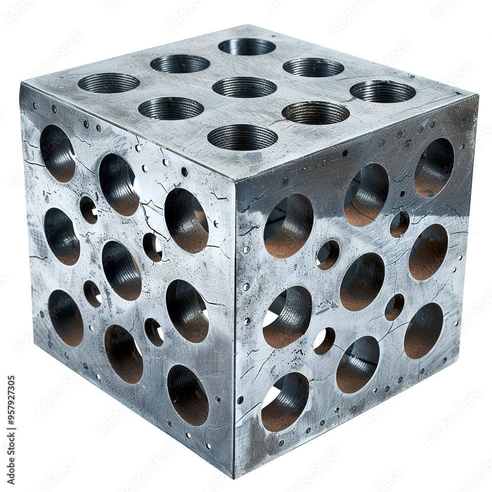 A square cube of metal with holes. A square cube of metal with holes.
