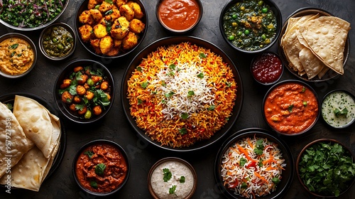 A vibrant display of Indian food dishes including curry, rice, naan bread, and spices, highlighting the richness of culinary art. photo