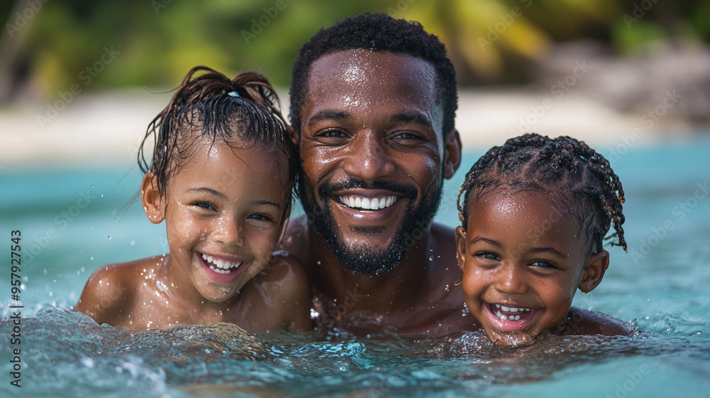A joyful father enjoying a playful moment in the water with his two smiling children, capturing the essence of family happiness. A joyful father enjoying a playful moment in the water with his two smiling children, capturing the essence of family happiness.