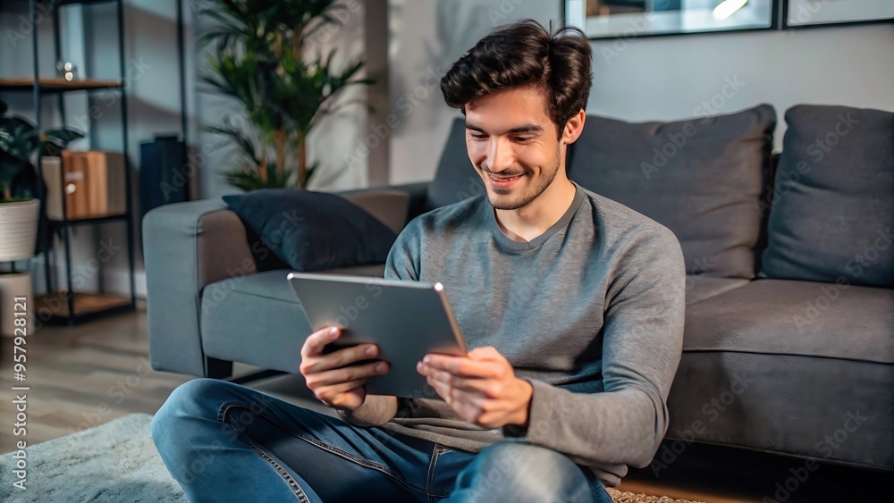 Obraz premium Man using a tablet at home.