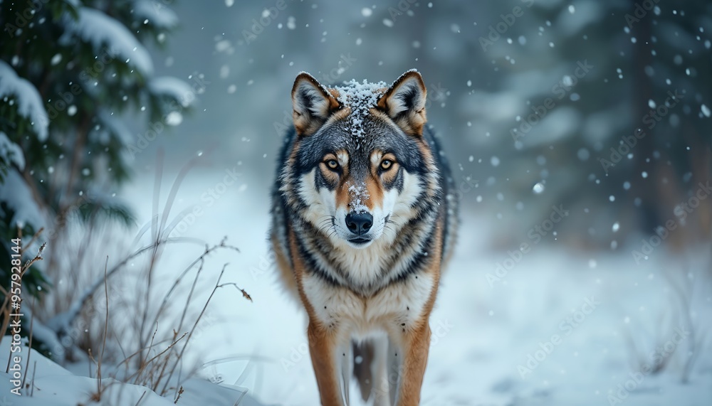 Obraz premium Majestic Wolf Walking Through Snowy Forest in Winter Wonderland