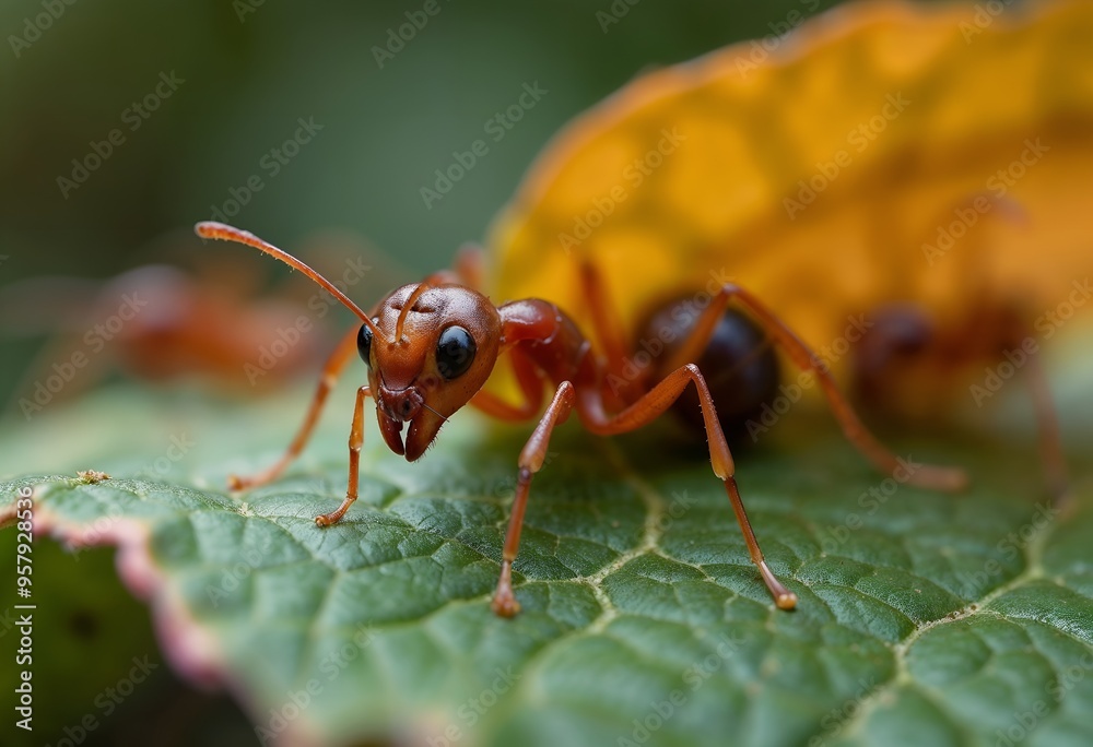 Naklejka premium Close-up of an Ant Sitting on a Leaf in a Natural Environment