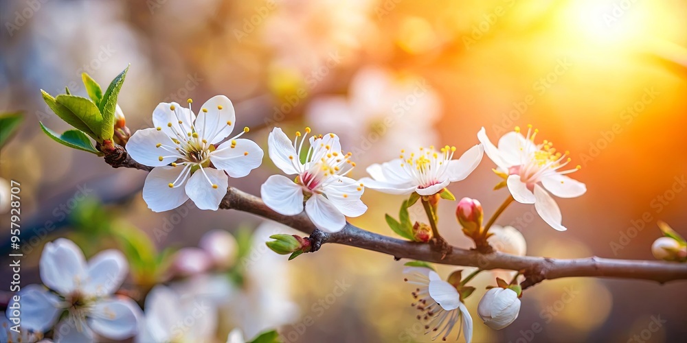 Close-up shot of a blooming flower on a tree branch with soft backlights and blurred foreground lighting Close-up shot of a blooming flower on a tree branch with soft backlights and blurred foreground lighting
