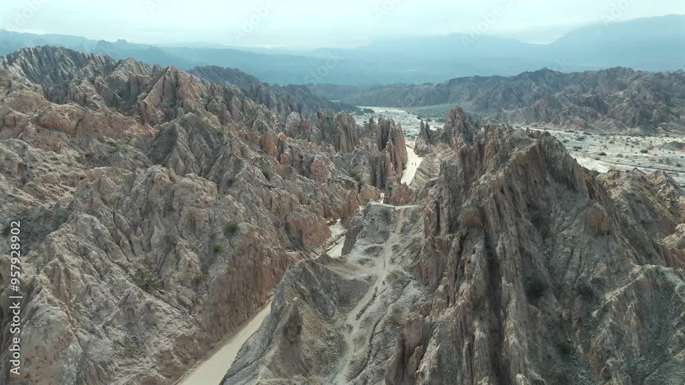 A stunning aerial drone image showcasing the dramatic landscape of Quebrada de las Flechas in Salta, Argentina. Drone 4k.