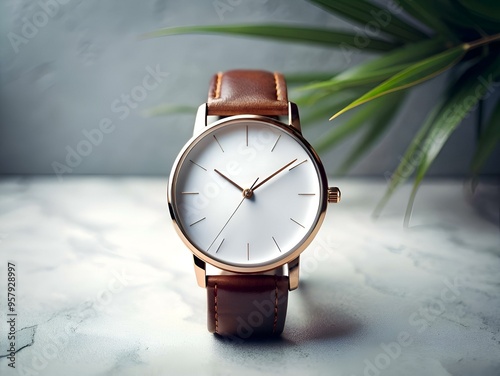 A classic wristwatch with a rose gold case and white face. featuring a brown leather strap. photo