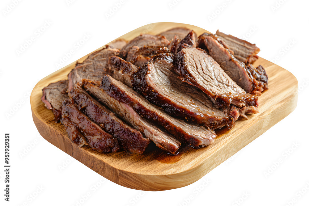 Sliced meat barbecue beef brisket on a wooden board, isolated on white background Sliced meat barbecue beef brisket on a wooden board, isolated on white background