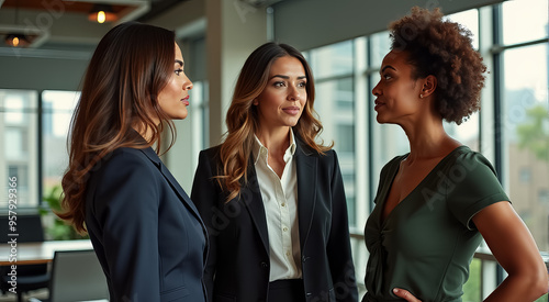 Three professional women engaged in a discussion in a modern office setting during daylight hours photo