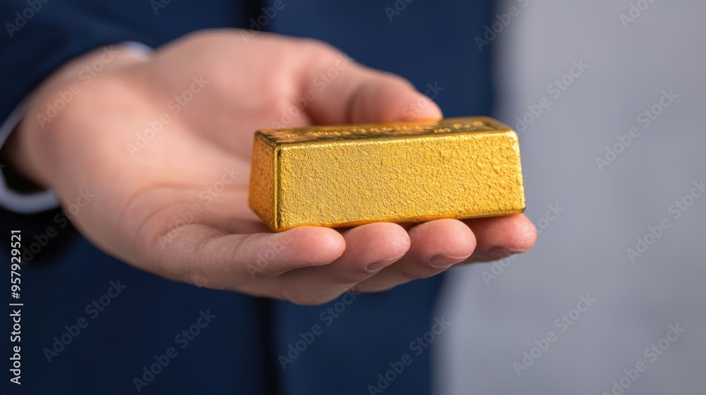 Fototapeta premium Wealth Mentor Sharing Gold Bullion Bar with Young Investor in One-on-One Session, Financial Guidance Concept with Copy Space, Selective Focus, Ultra HD