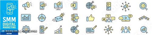 Digital marketing, Social Media Marketing SMM icon set. line vector illustration.