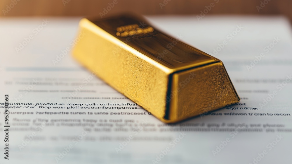 Financial Power - Gold Bullion Bar on International Trade Agreement Document with Copy Space, Selective Focus, Ultra HD Financial Power - Gold Bullion Bar on International Trade Agreement Document with Copy Space, Selective Focus, Ultra HD
