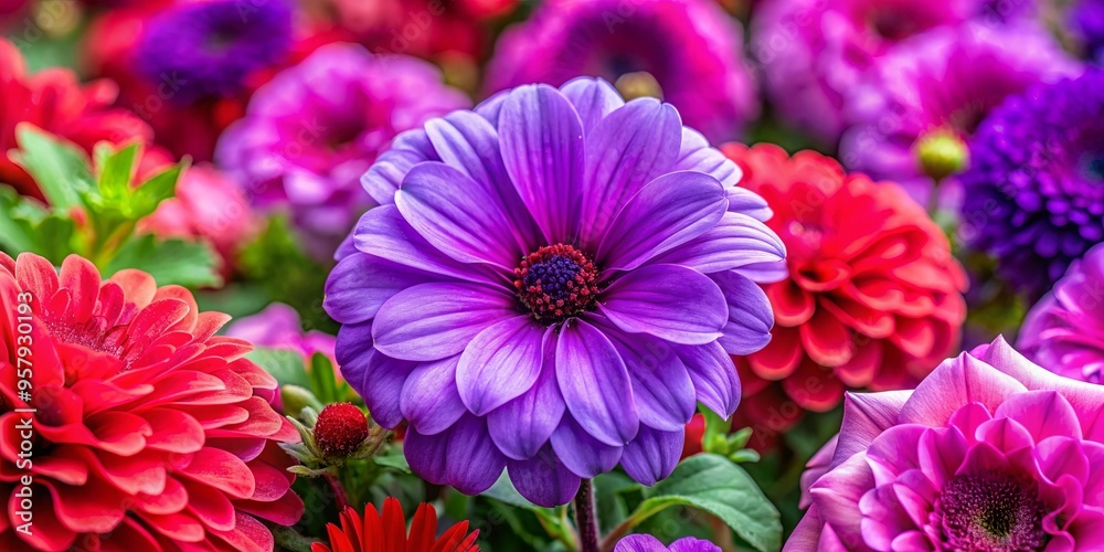 Close-up of a vibrant purple bloom surrounded by red and pink blossoms in soft focus Close-up of a vibrant purple bloom surrounded by red and pink blossoms in soft focus