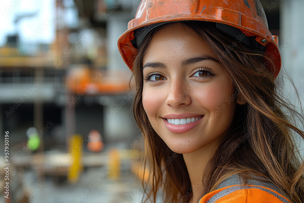 Confident female construction worker smiles while wearing a hard hat, showcasing empowerment in the workforce at a construction site. Confident female construction worker smiles while wearing a hard hat, showcasing empowerment in the workforce at a construction site.