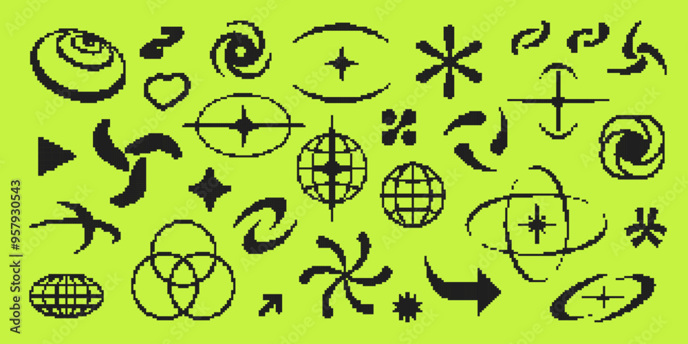 Y2K pixel style asset. Y2K retro futuristic elements for posters, flyers, banners, streetwear, social media. Acid pixel 8 bit vector abstract shapes, symbols, frames. Y2K aesthetics.