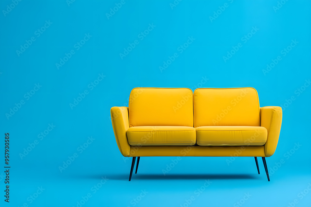 Fototapeta premium Yellow sofa, isolated on blue background