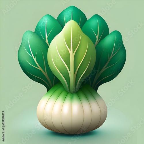 A vibrant. cartoon style illustration of a green bok choy with a white bulb. photo