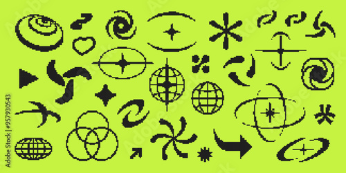 Obraz na płótnie Y2K pixel style asset. Y2K retro futuristic elements for posters, flyers, banners, streetwear, social media. Acid pixel 8 bit vector abstract shapes, symbols, frames. Y2K aesthetics. w salonie