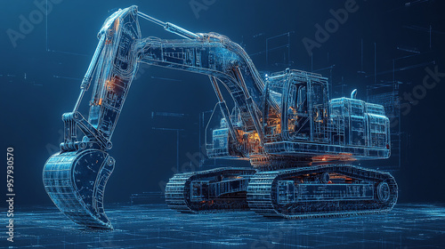 Futuristic excavator in a high-tech design, showcasing advanced engineering and innovation in construction machinery.