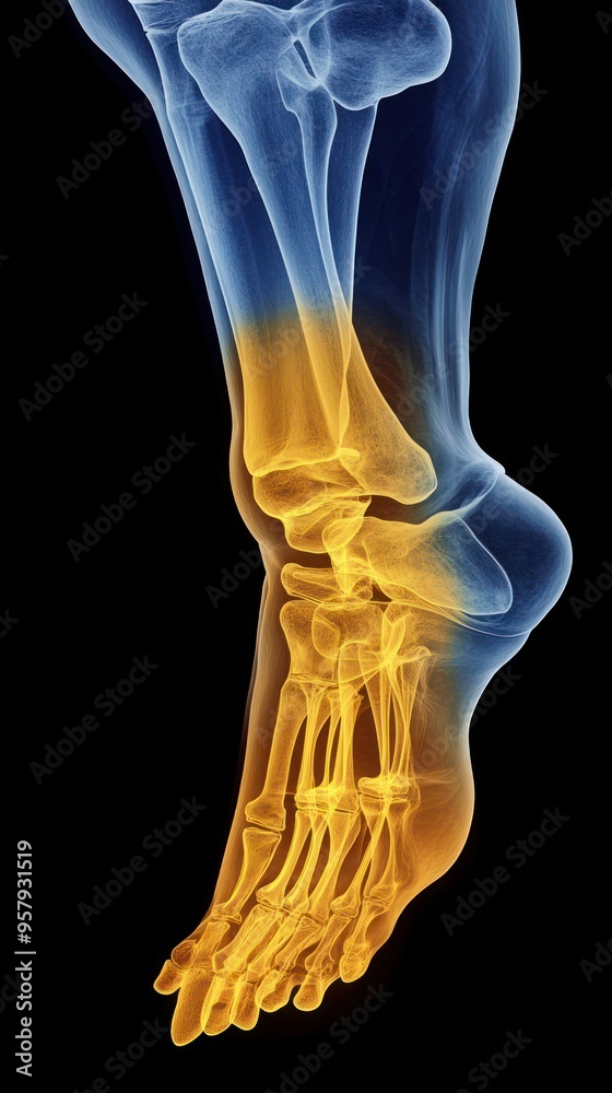 X-ray image of the human foot with the bones highlighted in yellow and the rest of the foot in blue.