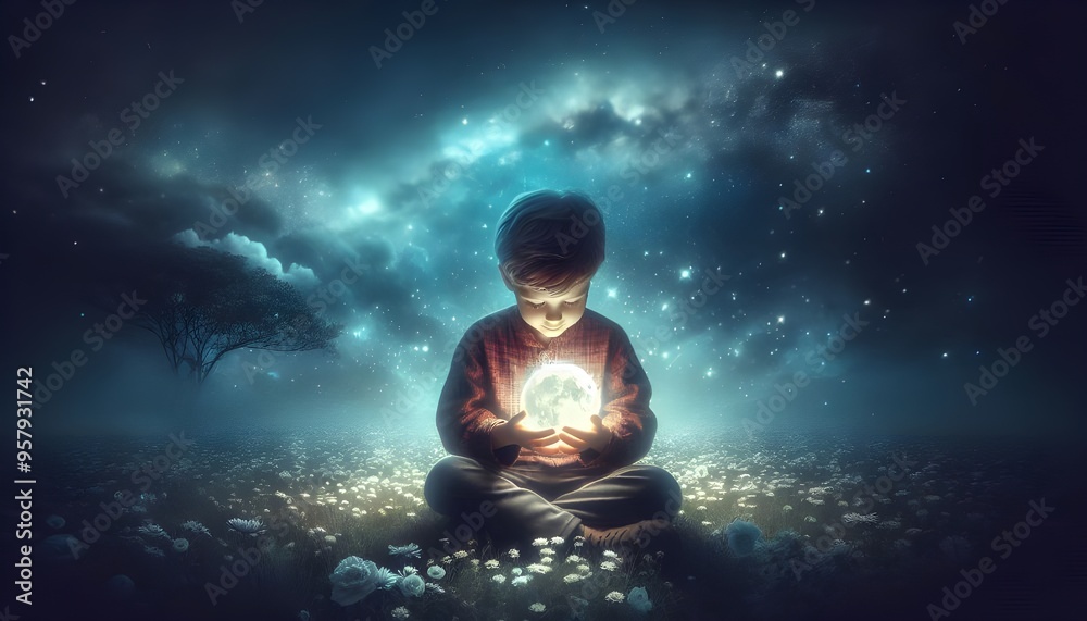 Fototapeta premium Young Boy Holding Moon in Hands Under Starry Night Sky, Sitting on Flower Meadow, Digital Art Illustration Painting, Magical Dreamlike Scene, Fantasy, Nighttime Serenity, Child's Imagination