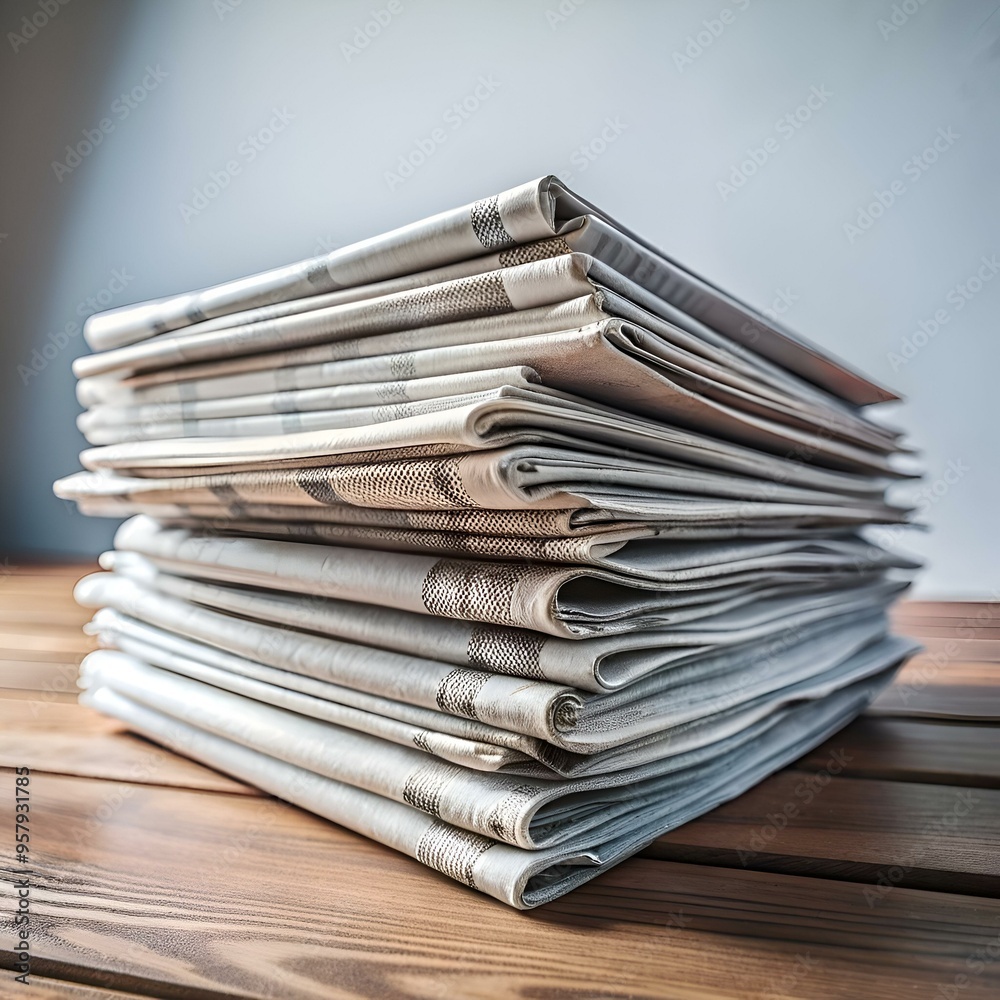 A stack of neatly folded newspapers sits on a wooden table. ready for the day's news. A stack of neatly folded newspapers sits on a wooden table. ready for the day's news.