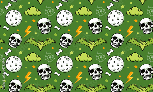 Halloween Seamless Pattern on Green Background with Cartoon Cauldrons, Witches Hats, Ghosts, Broomsticks and Bones