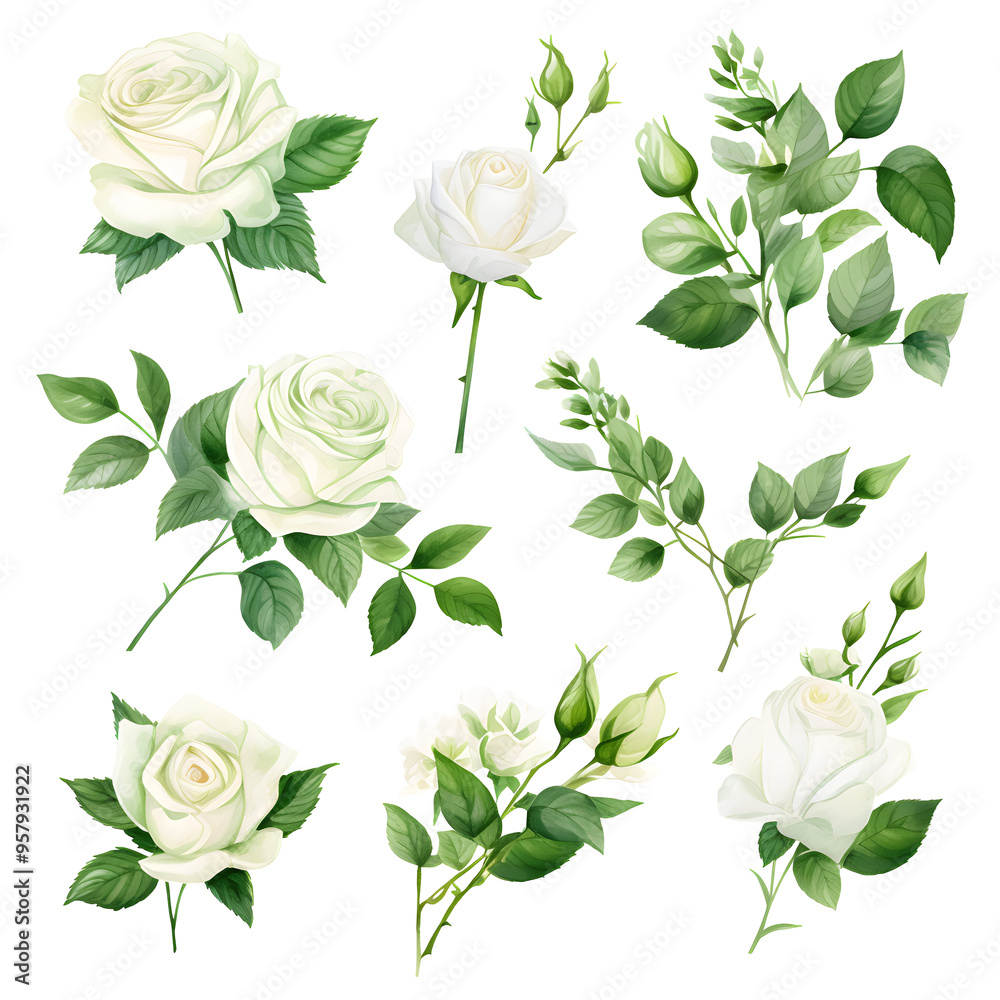 Fototapeta premium set of white roses flowers and leaves, watercolor clipart isolated, elements for card, invitation or wallpaper