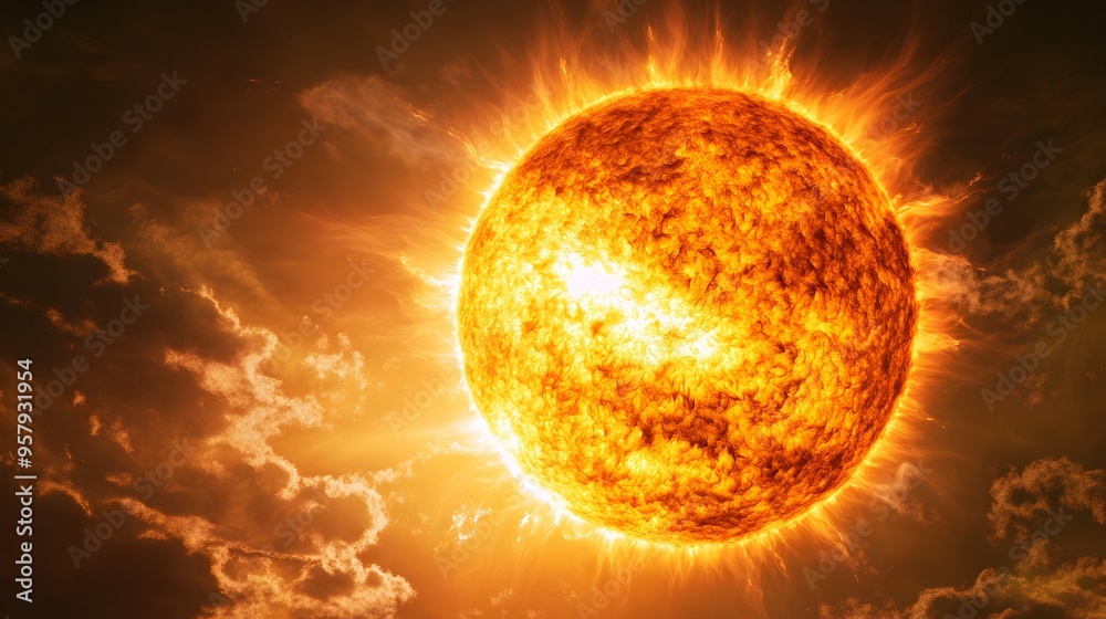Vibrant Fiery Sun Radiating Scorching Energy in Dramatic Skies Vibrant Fiery Sun Radiating Scorching Energy in Dramatic Skies