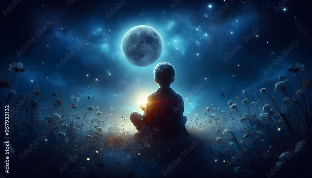 Young Boy Holding Moon in Hands Under Starry Night Sky, Sitting on Flower Meadow, Digital Art Illustration Painting, Magical Dreamlike Scene, Fantasy, Nighttime Serenity, Child's Imagination Young Boy Holding Moon in Hands Under Starry Night Sky, Sitting on Flower Meadow, Digital Art Illustration Painting, Magical Dreamlike Scene, Fantasy, Nighttime Serenity, Child's Imagination