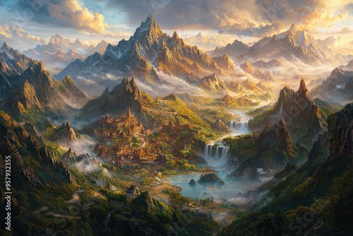 Majestic fantasy landscape with mystical mountains, rivers, and a hidden village