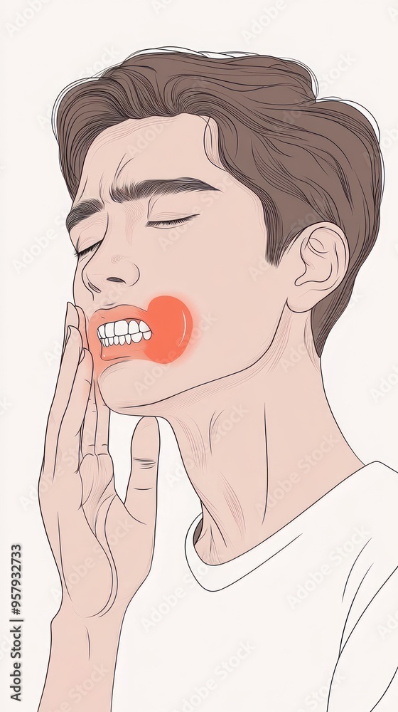 A man suffering from a toothache, holding his jaw in pain, with a red area indicating the location of the pain. A man suffering from a toothache, holding his jaw in pain, with a red area indicating the location of the pain.