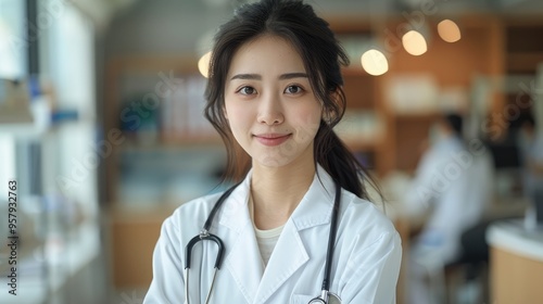 A young confident smiling Asian female doctor in a clinic, symbolizing trust and reliability in medical practice. Generative AI. Free Download A young confident smiling Asian female doctor in a clinic, symbolizing trust and reliability in medical practice. Generative AI. - GFXLoad
