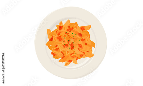 Penne pasta with tomato sauce. Hand drawn vector illustration. Top view.