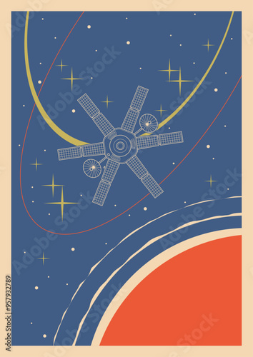 Retro Space Background, Vector Template for Cosmic Illustrations, Covers, Posters. Cosmic Probe, Sun, Planets, Asteroids, Orbits, Stars. 1950s -- 1960s Space Placards Style and Colors