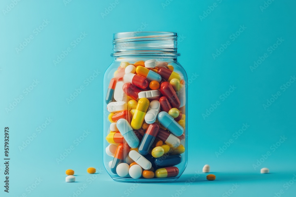 A clear glass jar filled with various colorful pills and capsules against a blue background. A clear glass jar filled with various colorful pills and capsules against a blue background.