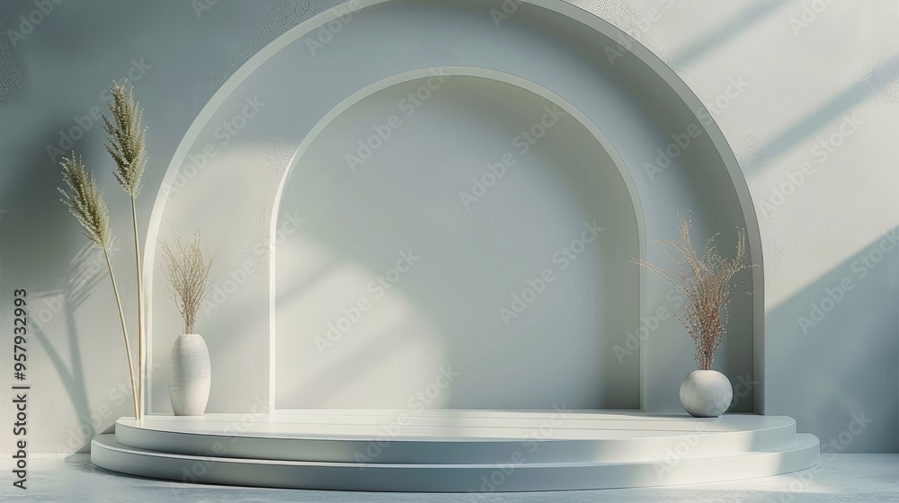 Minimalist 3D scene with a circular podium, simple lines, and a monochromatic color palette. Generative AI. Minimalist 3D scene with a circular podium, simple lines, and a monochromatic color palette. Generative AI.