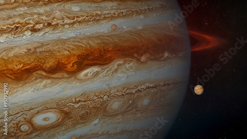 The Great Red Spot on Jupiter. Massive storm with swirling clouds and intense colors, visible against space backdrop. Realistic style. photo