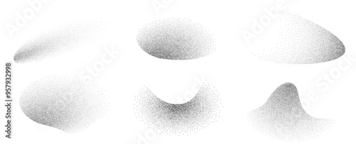 Dotwork abstract dust noise fluid grain gradient elements. Abstract shape effects Pointillism gradient pattern in dotwork style. Dotwork stipple effect. Dotted set of shapes, stipple elements. Vector