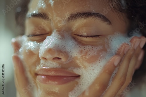 A close-up image of a woman washing her face, her skin covered with a thick, foamy cleanser