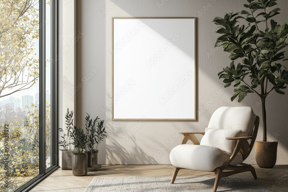 Poster Frame in Beige minimalist living room interior created with generative AI Poster Frame in Beige minimalist living room interior created with generative AI