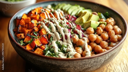 Delightful Vegetarian Power Bowl with Roasted Veggies and Chickpeas