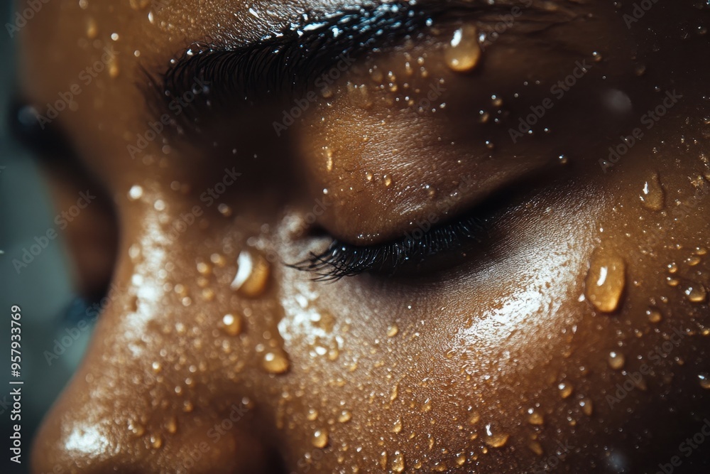 Fototapeta premium A close-up of a person's face with their eye closed, showing tiny droplets of water on their skin