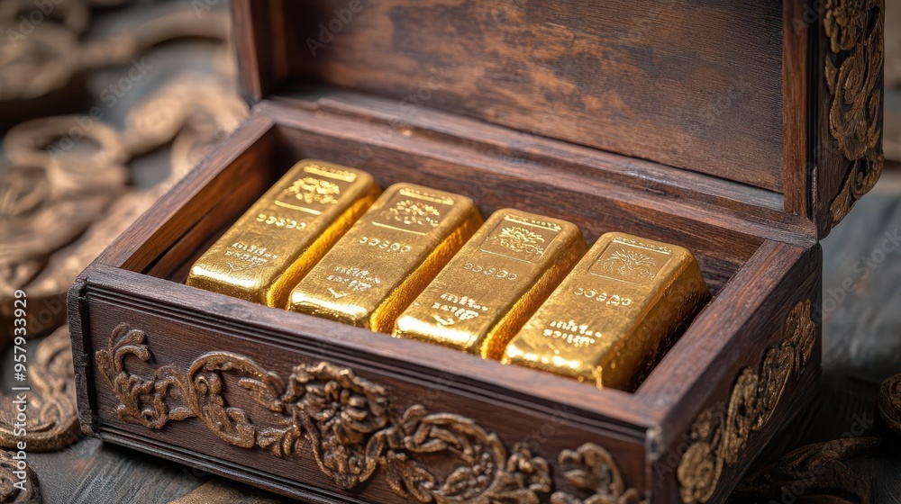 Gold bars in an ornate wooden box, concept of hidden treasure, prosperity Gold bars in an ornate wooden box, concept of hidden treasure, prosperity